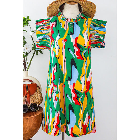 REDUCED!!!  AJ Green Abstract Print Frilled Neck Ruffled Sleeve Mini Dress  REDUCED!!