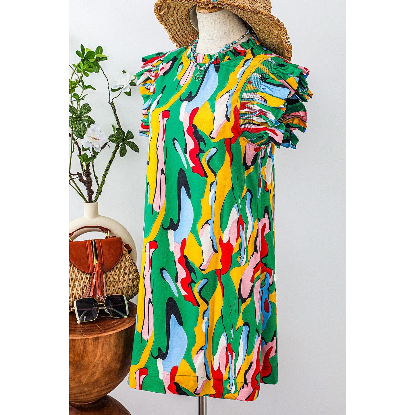 SALE!! AJ Green Abstract Print Frilled Neck Ruffled Sleeve Mini Dress SALE!!