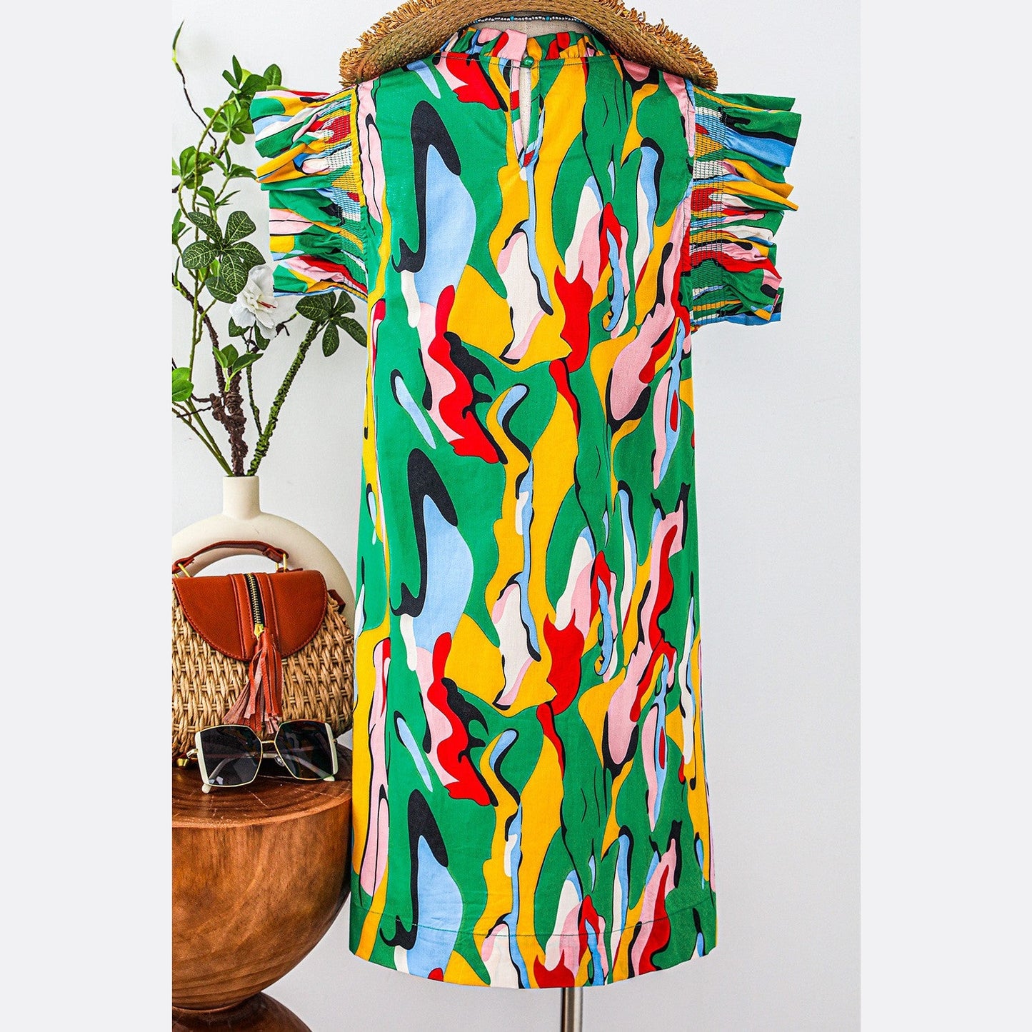 SALE!! AJ Green Abstract Print Frilled Neck Ruffled Sleeve Mini Dress SALE!!