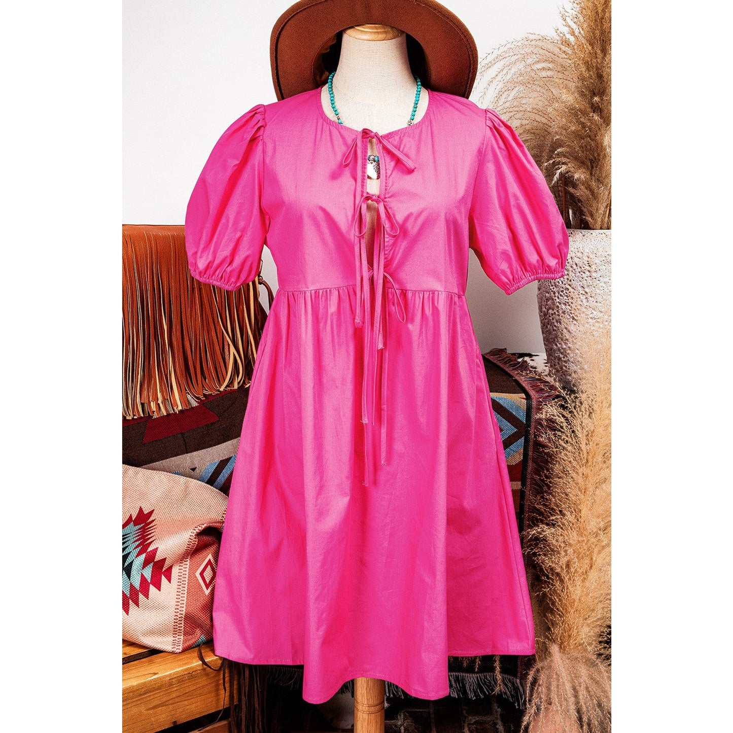 REDUCED!!! Elma Bright Pink Puff Sleeve Tie Front High Waist Mini Dress REDUCED!!!