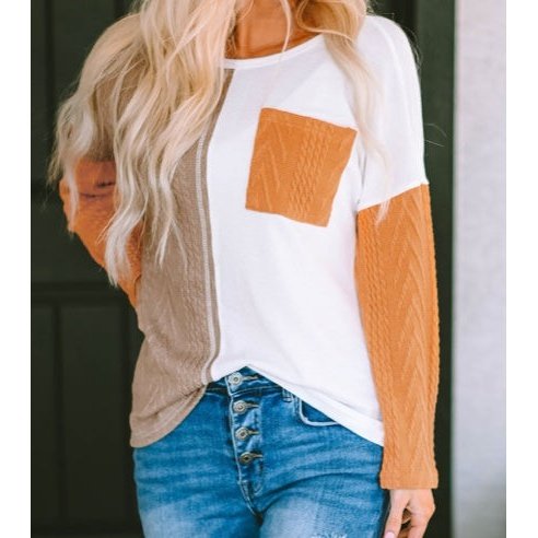 REDUCED!!! Hallie Orange Long Sleeve Colorblock Chest Pocket Textured Knit Top REDUCED!!!