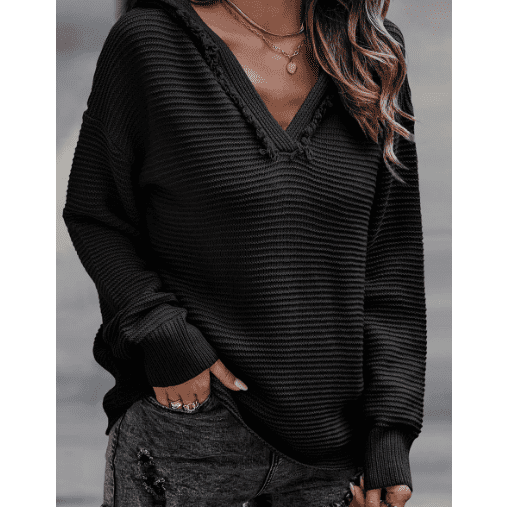 REDUCED!!! Martina Black V Neck Ribbed Drop Shoulder Hooded Sweater REDUCED!!!