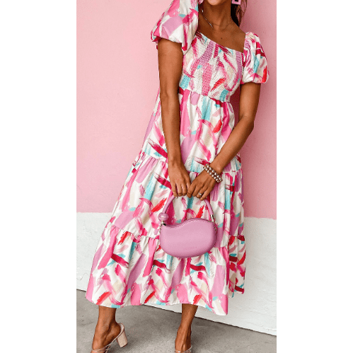 REDUCED!!! Trixie Pink Brush Stroke Printed Smocked Ruffle Tiered Dress REDUCED!!!