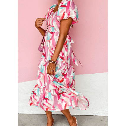 REDUCED!!! Trixie Pink Brush Stroke Printed Smocked Ruffle Tiered Dress REDUCED!!!