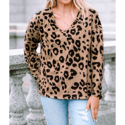 RTS Cambree Leopard Split Joint V Neck Long Sleeve Top