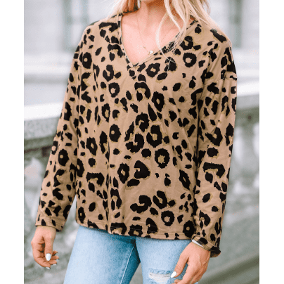 RTS Cambree Leopard Split Joint V Neck Long Sleeve Top