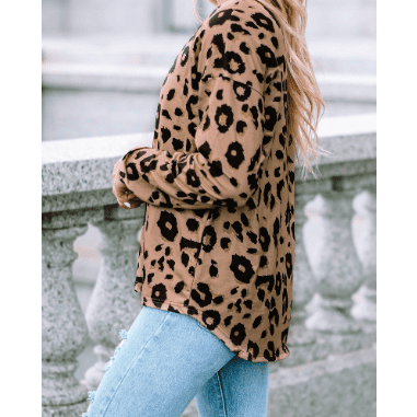 RTS Cambree Leopard Split Joint V Neck Long Sleeve Top