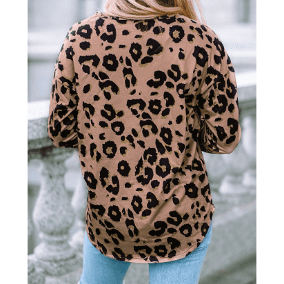 RTS Cambree Leopard Split Joint V Neck Long Sleeve Top