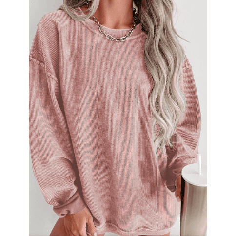 Kelis Pink Solid Ribbed Knit Round Neck Pullover Sweatshirt