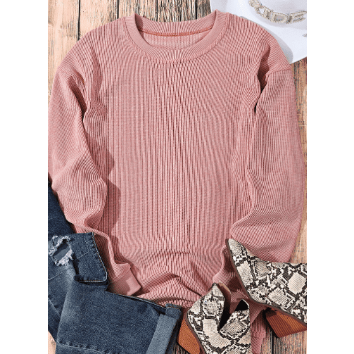 Kelis Pink Solid Ribbed Knit Round Neck Pullover Sweatshirt