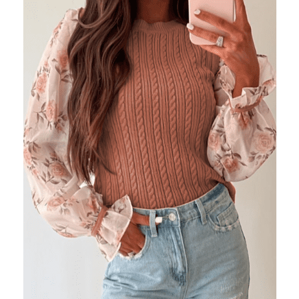 RTS Jeanne Floral Patchwork Ruffled Cuff Cable Knit Sweater