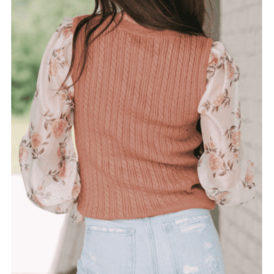 RTS Jeanne Floral Patchwork Ruffled Cuff Cable Knit Sweater