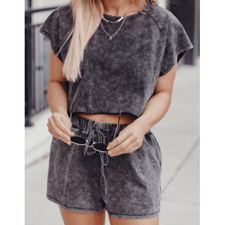RTS Cammie Black Acid Washed Short Lounge Set
