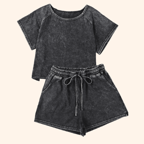 RTS Cammie Black Acid Washed Short Lounge Set