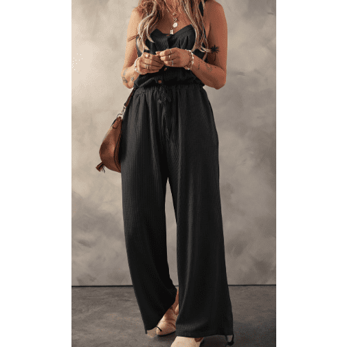 REDUCED!!! Jaslyn Black Knotted Straps Button Textured Drawstring Jumpsuit REDUCED!!!