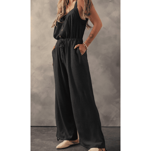 REDUCED!!! Jaslyn Black Knotted Straps Button Textured Drawstring Jumpsuit REDUCED!!!