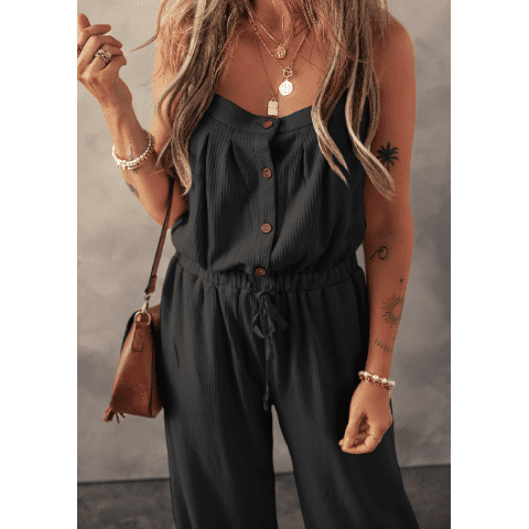 REDUCED!!! Jaslyn Black Knotted Straps Button Textured Drawstring Jumpsuit REDUCED!!!