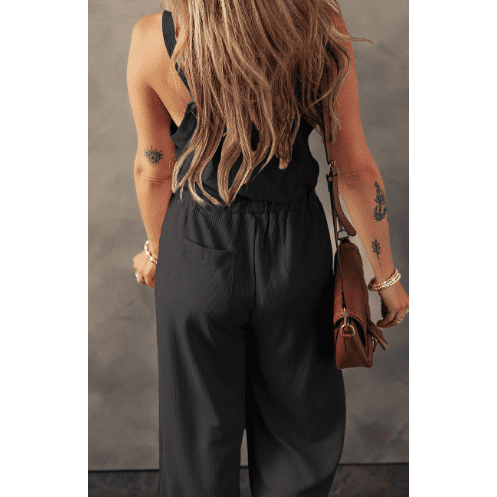 REDUCED!!! Jaslyn Black Knotted Straps Button Textured Drawstring Jumpsuit REDUCED!!!