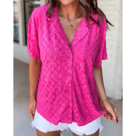 SALE!!! Carsyn Bright Pink Lapel Neck Checkered Textured Short Sleeve Shirt SALE!!!