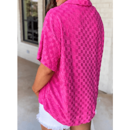 SALE!!! Carsyn Bright Pink Lapel Neck Checkered Textured Short Sleeve Shirt SALE!!!