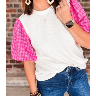 REDUCED!!! Jodi White Contrast Tweed Puff Sleeve Top REDUCED!!!