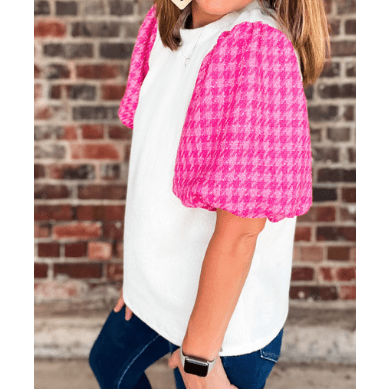 REDUCED!!! Jodi White Contrast Tweed Puff Sleeve Top REDUCED!!!
