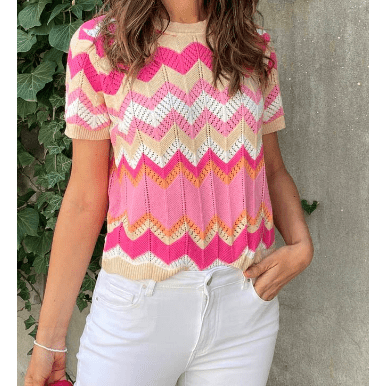 SALE!!! Chanda Pink Stripe Chevron Pointelle Knit V Neck Short Sleeve Sweater SALE!!!