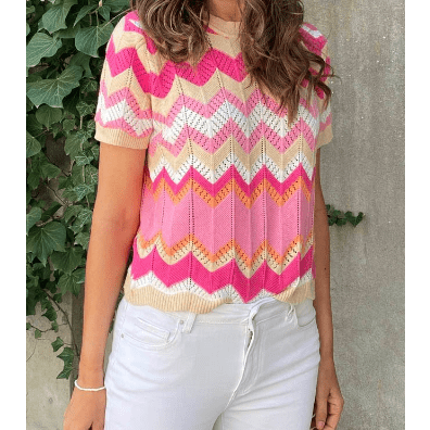 SALE!!! Chanda Pink Stripe Chevron Pointelle Knit V Neck Short Sleeve Sweater SALE!!!