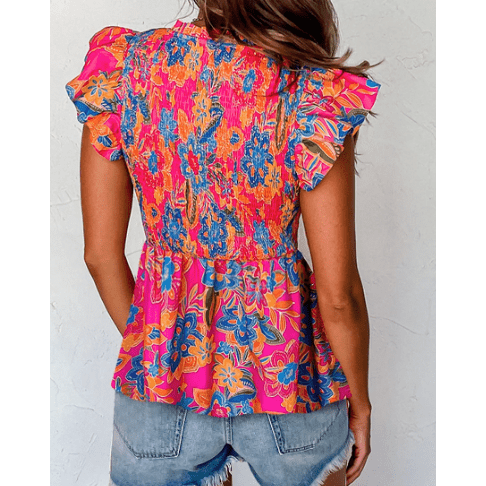 REDUCED!!! Caz Floral Print Smocked Ruffle Trim Flutter Sleeve Blouse REDUCED!!!