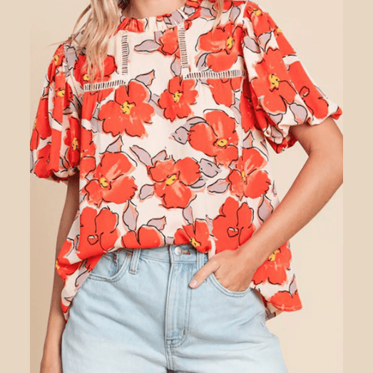 REDUCED!!! Debra Orange Floral Bubble Sleeve Frill Neck Loose Blouse REDUCED!!!