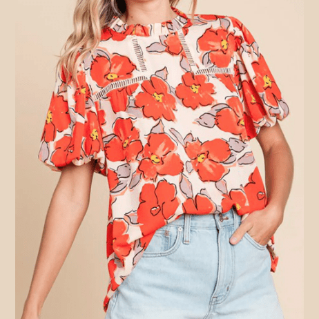 REDUCED!!! Debra Orange Floral Bubble Sleeve Frill Neck Loose Blouse REDUCED!!!