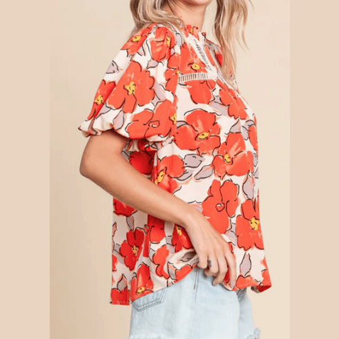 REDUCED!!! Debra Orange Floral Bubble Sleeve Frill Neck Loose Blouse REDUCED!!!