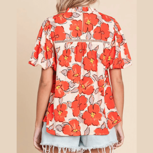 REDUCED!!! Debra Orange Floral Bubble Sleeve Frill Neck Loose Blouse REDUCED!!!