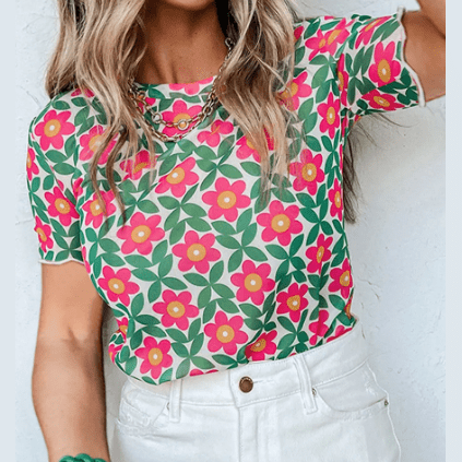 REDUCED!!! Dayten Fiery Red Retro Floral Print Crew Neck T Shirt REDUCED!!!