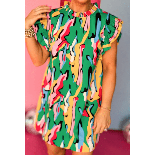 SALE!! AJ Green Abstract Print Frilled Neck Ruffled Sleeve Mini Dress SALE!!