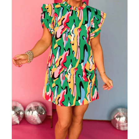 SALE!! AJ Green Abstract Print Frilled Neck Ruffled Sleeve Mini Dress SALE!!