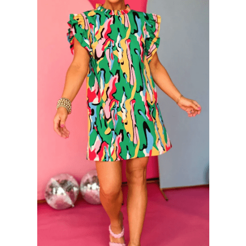 SALE!! AJ Green Abstract Print Frilled Neck Ruffled Sleeve Mini Dress SALE!!