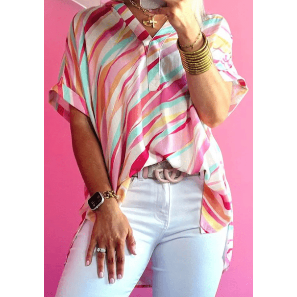 REDUCED!!! Blythe Multicolour Abstract Print High Low Short Sleeve Blouse - S to 3X REDUCED!!!