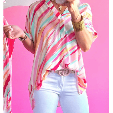 REDUCED!!! Blythe Multicolour Abstract Print High Low Short Sleeve Blouse - S to 3X REDUCED!!!