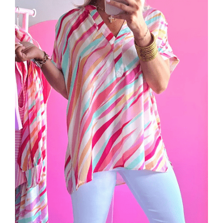REDUCED!!! Blythe Multicolour Abstract Print High Low Short Sleeve Blouse - S to 3X REDUCED!!!