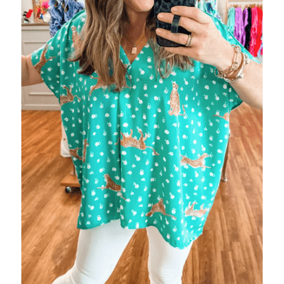 REDUCED!!! Lilian Green Cheetah Print V Neck Short Sleeve PLUS SIZE Top. REDUCED!!!
