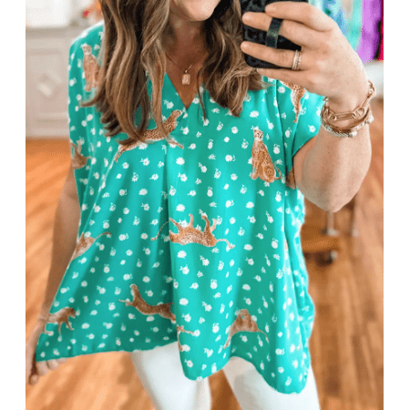 REDUCED!!! Lilian Green Cheetah Print V Neck Short Sleeve PLUS SIZE Top. REDUCED!!!
