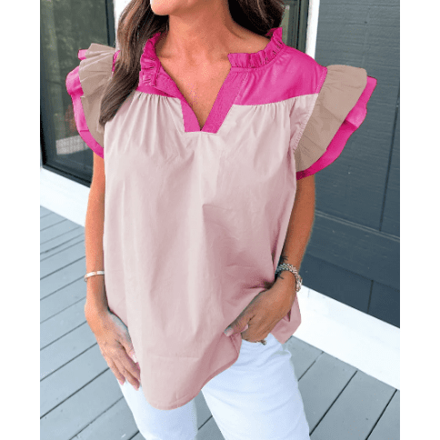 SALE!!! Sofia Pink Colorblock Ruffled Sleeve Frill V Neck Blouse SALE!!!