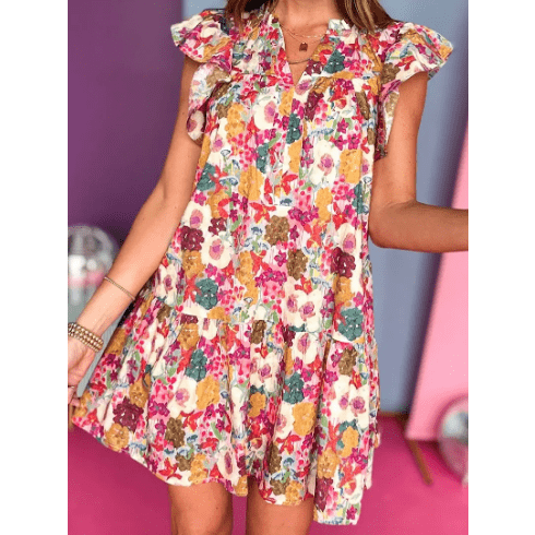 REDUCED!!! Amarosa Purple Floral Print Split Neck Flutter Sleeve Dress REDUCED!!!