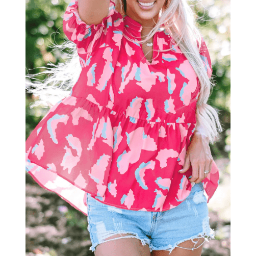 Chancie Abstract Print Smocked Puff Sleeve V Neck Blouse