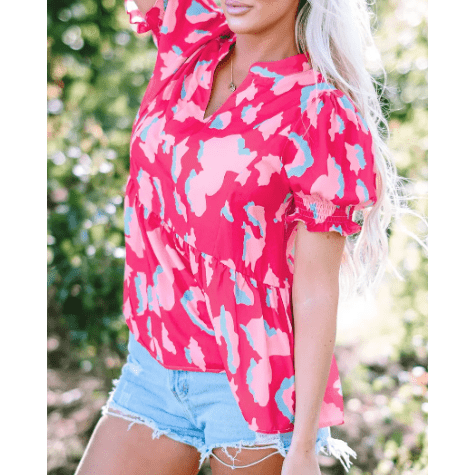 Chancie Abstract Print Smocked Puff Sleeve V Neck Blouse