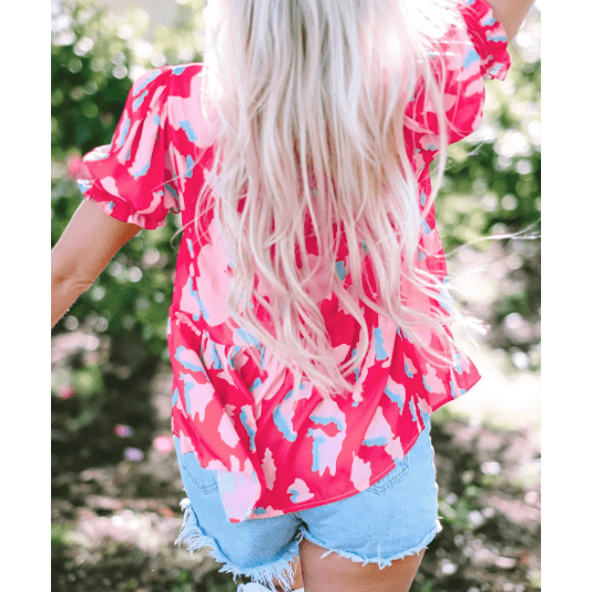Chancie Abstract Print Smocked Puff Sleeve V Neck Blouse