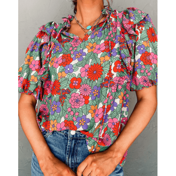 REDUCED!!! Mickey Red Floral Tie Split Neck Ruffle Puff Sleeve Blouse REDUCED!!!