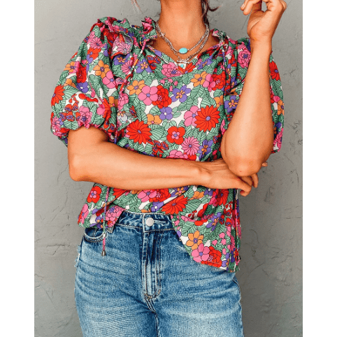 REDUCED!!! Mickey Red Floral Tie Split Neck Ruffle Puff Sleeve Blouse REDUCED!!!