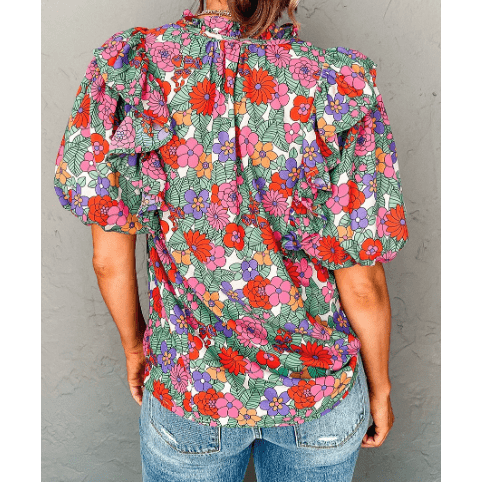 REDUCED!!! Mickey Red Floral Tie Split Neck Ruffle Puff Sleeve Blouse REDUCED!!!
